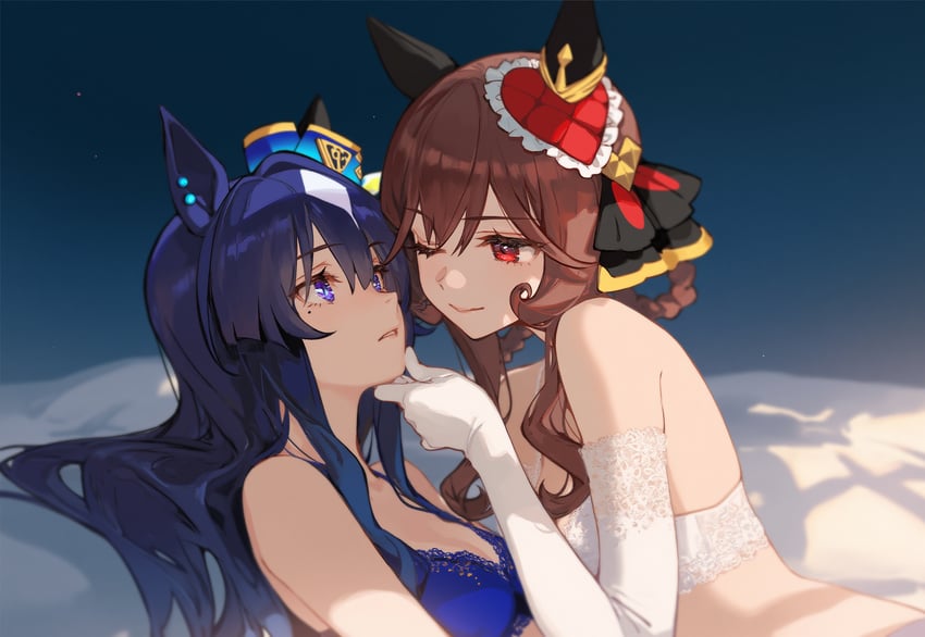 2girls, animal_ears, blue_bra, blue_eyes, blue_hair, bra, brown_hair, elbow_gloves