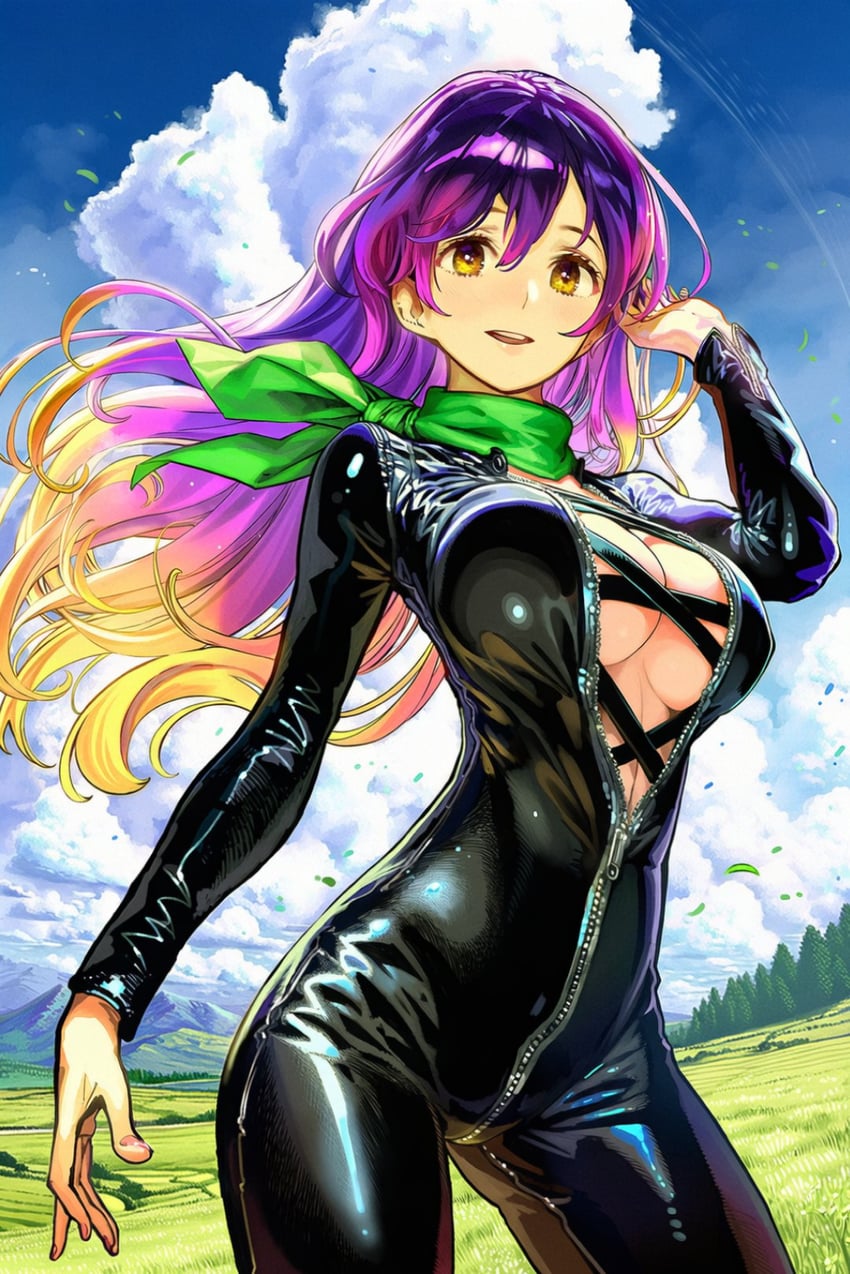 1girl, bandana, biker_clothes, bikesuit, black_bodysuit, bodysuit, center_opening, cross-laced_clothes