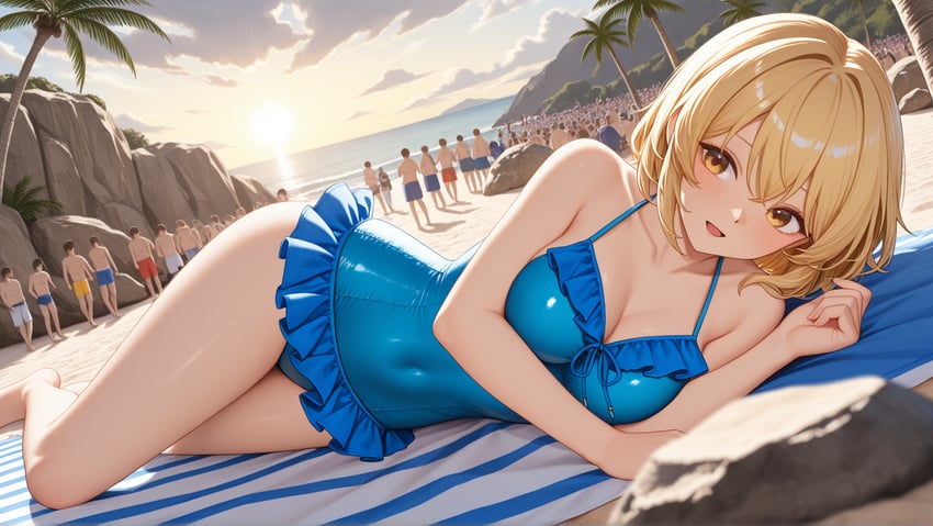 1girl, blonde_hair, blue_one-piece_swimsuit, breasts, covered_navel, from_side, immoral_patient_(user_svhp3853), large_breasts