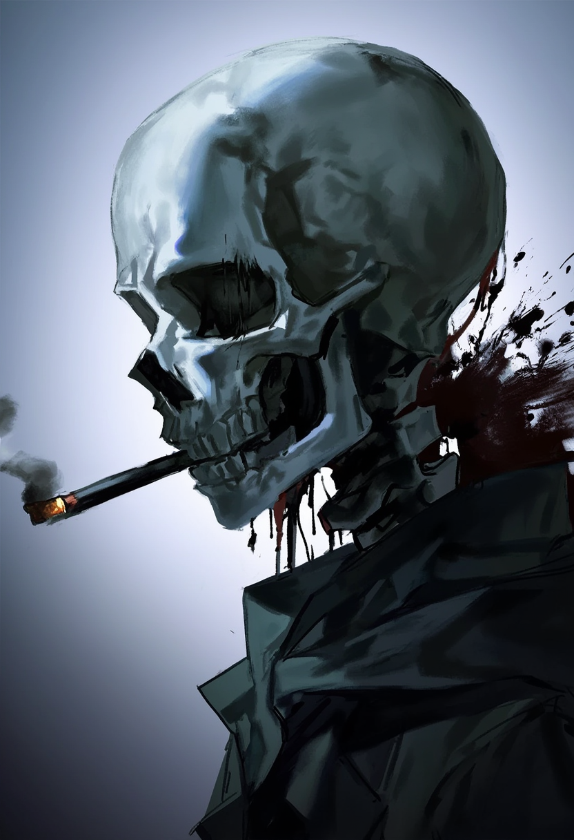 1other, ambiguous_gender, bioshiro, black_coat, blood, blood_splatter, cigarette, coat