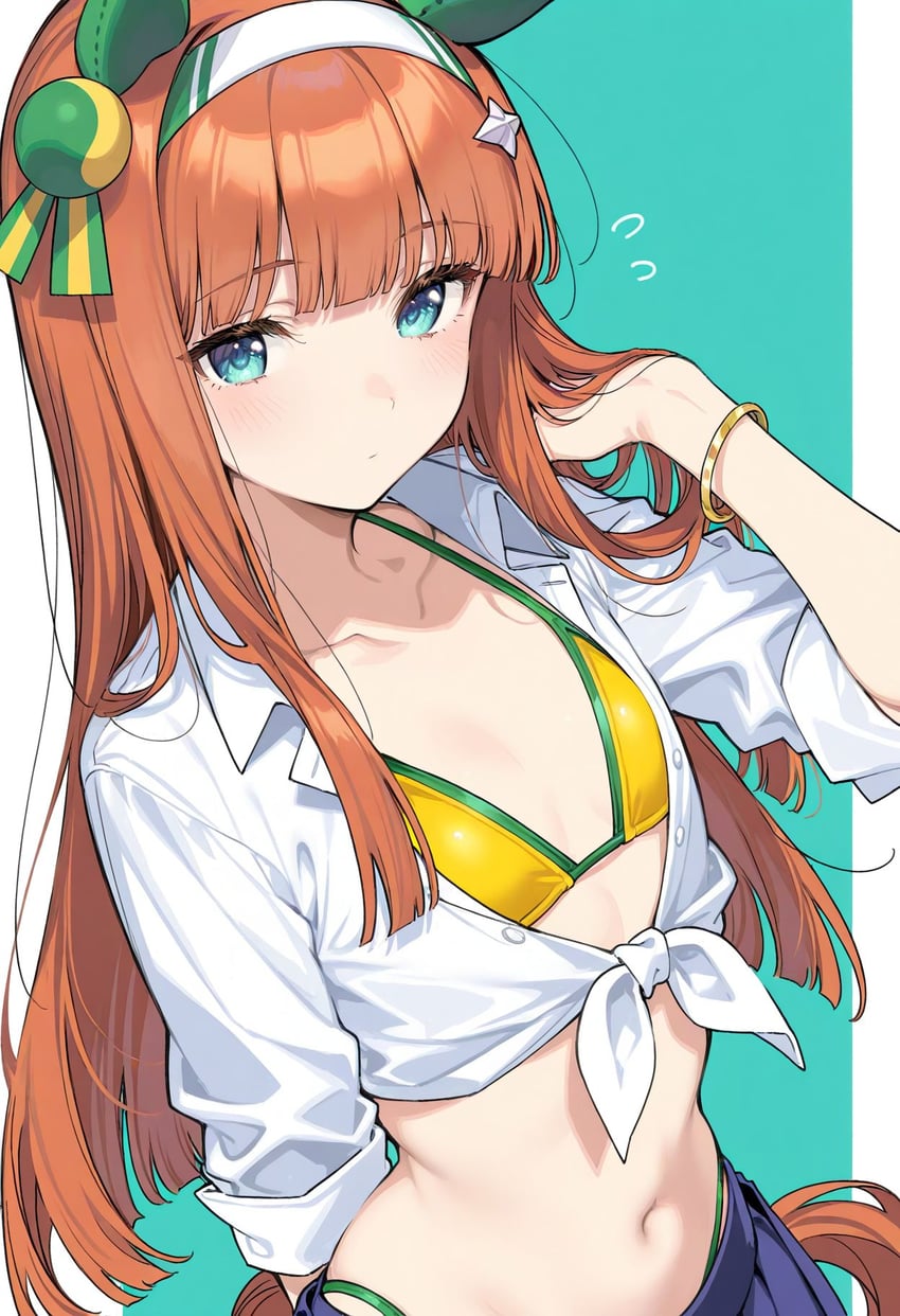 1girl, ai_aihajime, animal_ears, bikini, blue_skirt, blush, bracelet, breasts