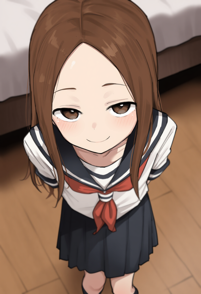 1girl, arms_behind_back, bed, black_sailor_collar, black_skirt, black_socks, blurry, blurry_background, brown_eyes, brown_hair, closed_mouth, forehead, from_above, indoors, karakai_jouzu_no_takagi-san, long_hair, lunicia, neckerchief, novelai, pleated_skirt, red_neckerchief, sailor_collar, school_uniform, serafuku, short_sleeves, skirt, smile, socks, solo, takagi-san, thighhighs, wooden_floor