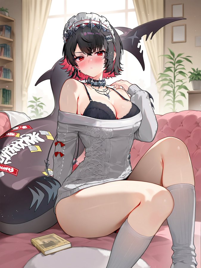 1girl, bare_shoulders, black_bra, black_choker, black_hair, blush, book, bookshelf, bra, breasts, choker, cleavage, closed_mouth, collar, collarbone, couch, curtains, ear_piercing, ellen_joe, grey_sweater, hand_on_own_shoulder, jeje_box, jewelry, knee_up, kneehighs, knees, large_breasts, looking_at_viewer, maid_headdress, mole, mole_under_eye, necklace, off_shoulder, on_couch, piercing, pink_couch, plant, potted_plant, red_eyes, short_hair, sitting, socks, solo, spiked_collar, spikes, sunlight, sweat, sweater, thighs, underwear, window, zenless_zone_zero