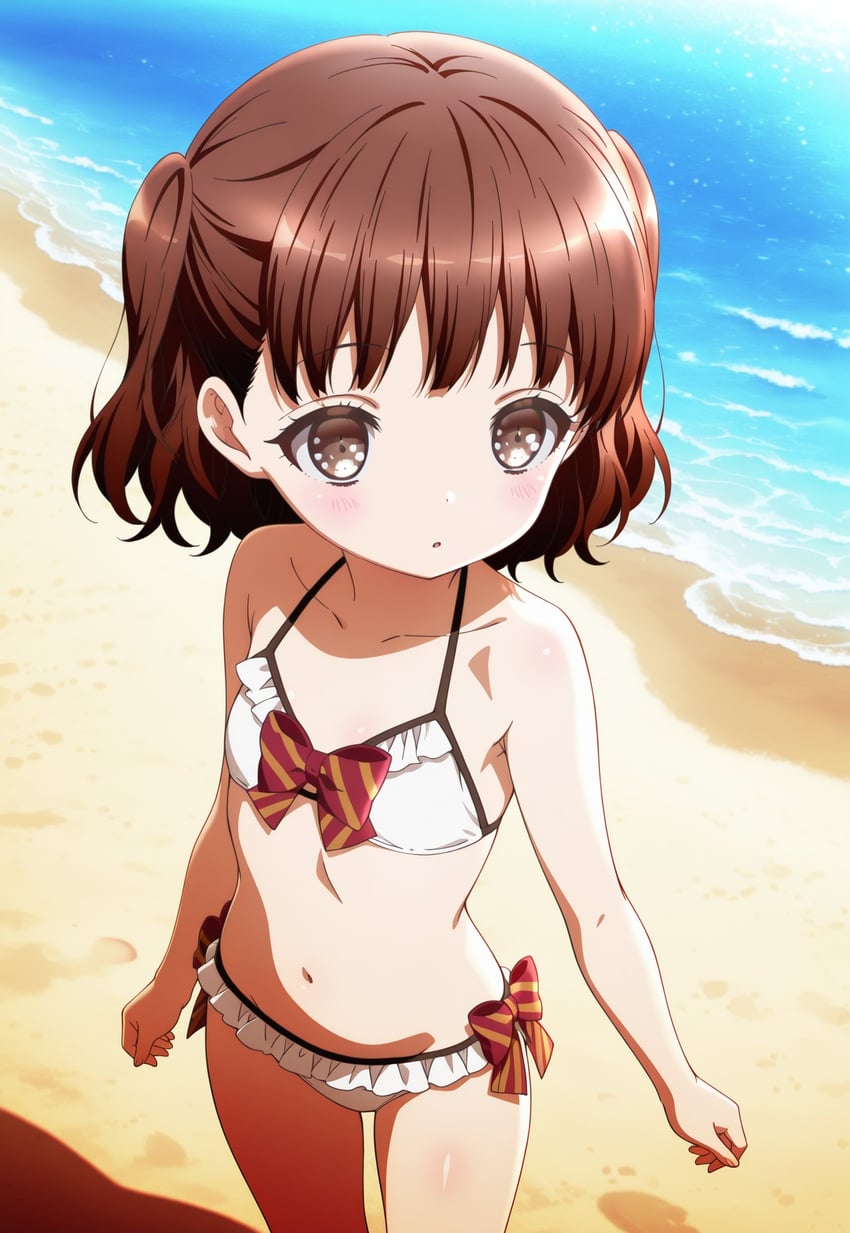 1girl, :o, bare_arms, bare_shoulders, beach, bikini, blush, bow