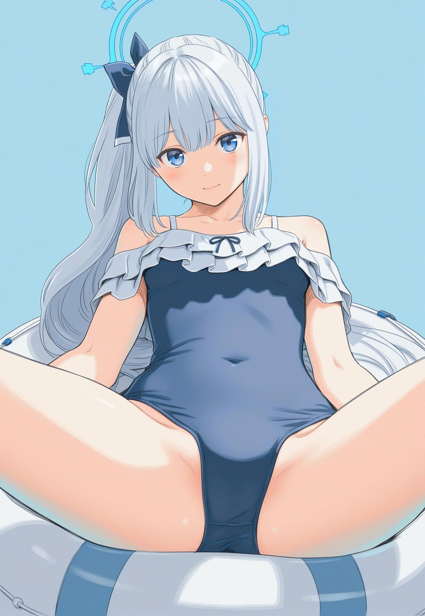 1girl, bangs, bikini, blue_archive, blue_background, blue_bikini, blue_eyes, blue_hair