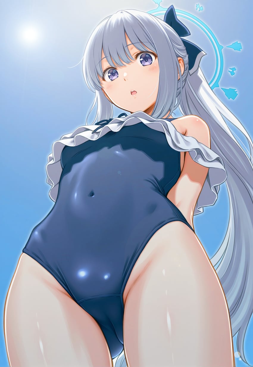 1girl, arms_behind_back, bangs, bare_shoulders, bikini, blue_archive, blue_bikini, blue_eyes