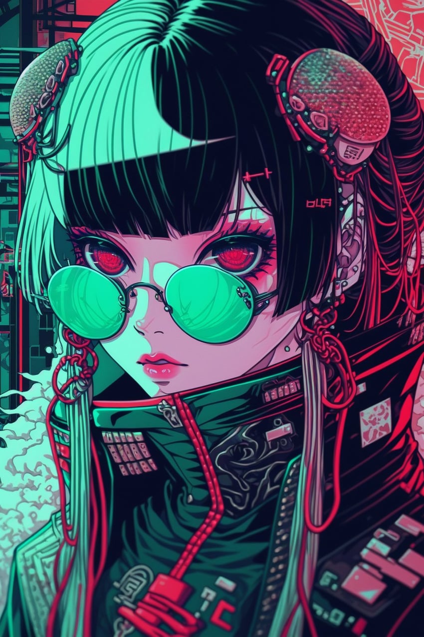 1girl, black-framed_eyewear, black_hair, black_jacket, cyberpunk, doe6321, earrings, glasses