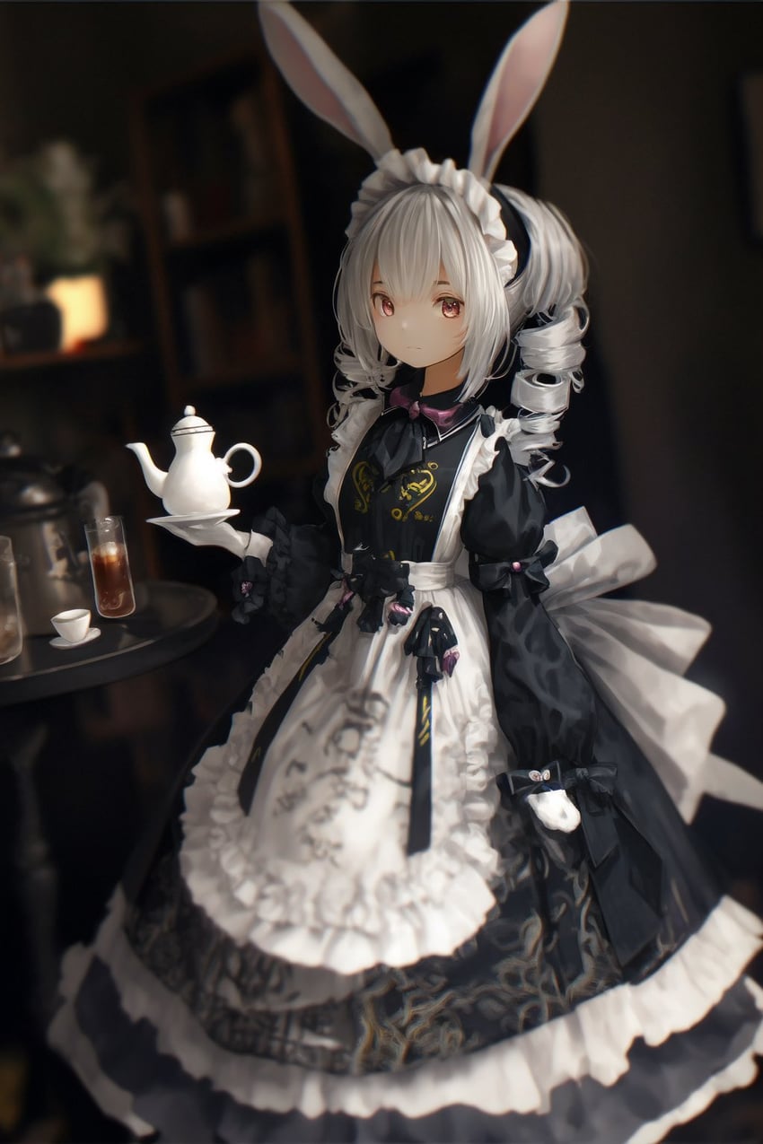 1girl, aibanousagi, animal_ears, apron, cup, dress, drill_hair, frills