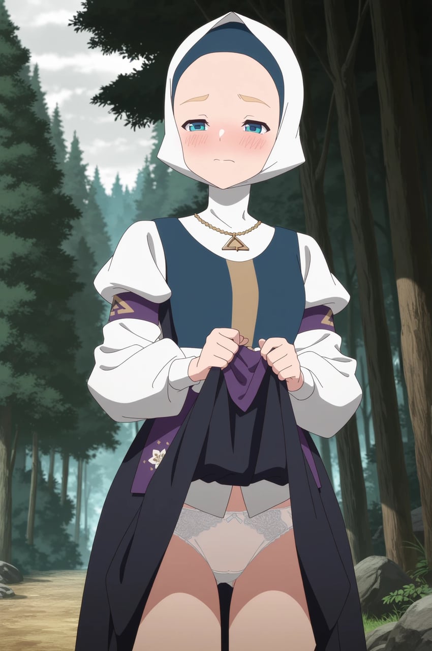 1girl, aqua_eyes, blush, clothes_lift, embarrassed, forest, highres, looking_away