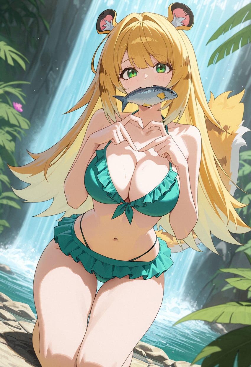 1girl, 4-finger_heart_hands, animal, animal_ear_fluff, animal_ears, bikini, blonde_hair, breasts