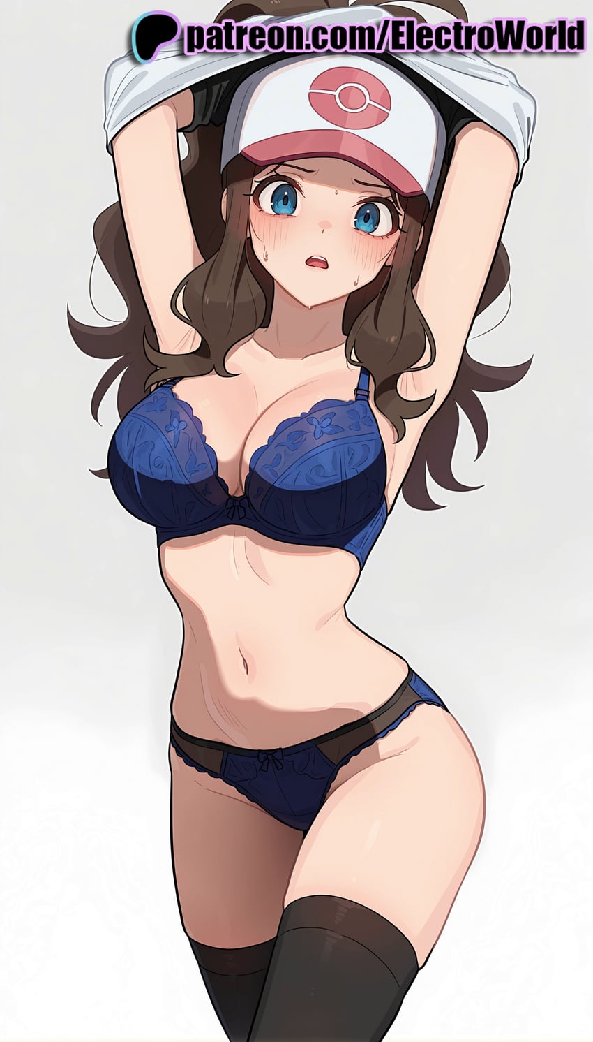 1girl, arms_up, baseball_cap, blue_bra, blue_eyes, blue_panties, blush, bra