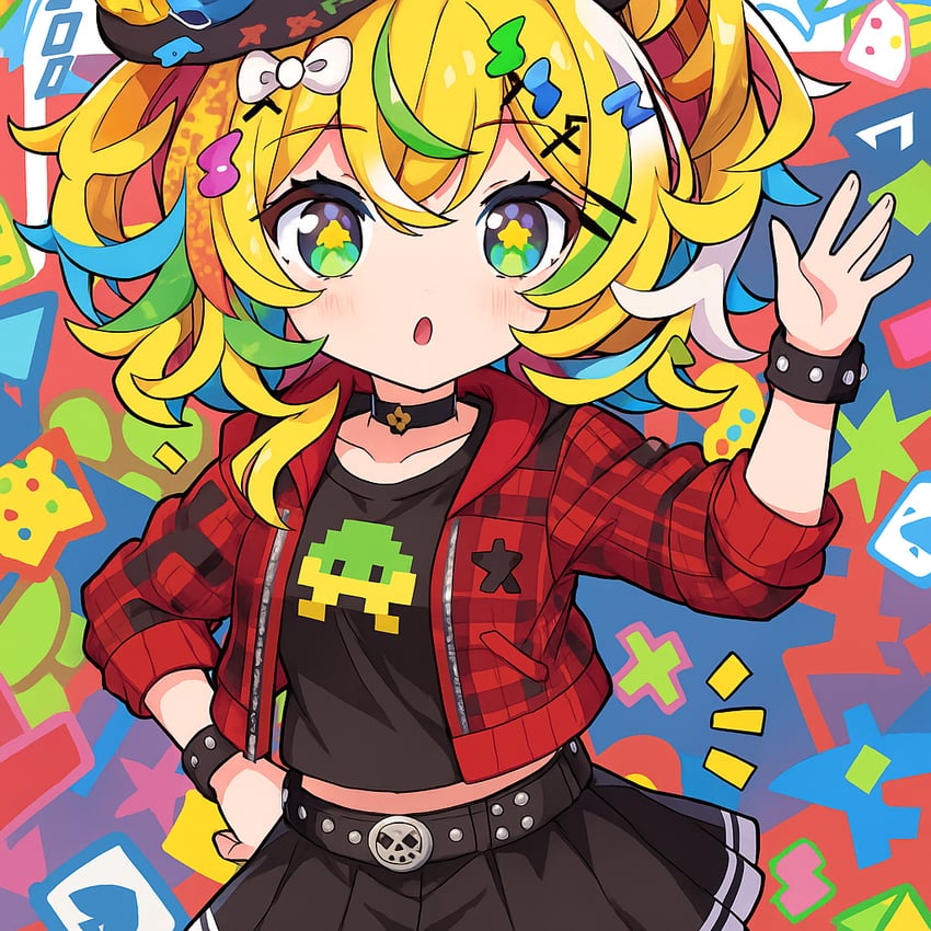 +_+, 1girl, belt, black_belt, black_shirt, blush, character_request, chatgpt, chibi, coat, colorful_hair, copyright_request, jewelry, looking_at_viewer, metadata_request, miniskirt, model_request, multicolored_background, necklace, platform_8, red_coat, self-upload, shirt, short_hair, skirt, unabledamselfy9001