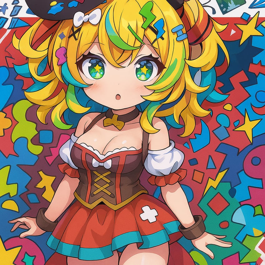 +_+, 1girl, artist_request, blush, brown_skirt, character_request, chatgpt, chibi, colorful_hair, copyright_request, hat, jewelry, looking_at_viewer, metadata_request, model_request, multicolored_background, necklace, platform_8, red_skirt, skirt, solo