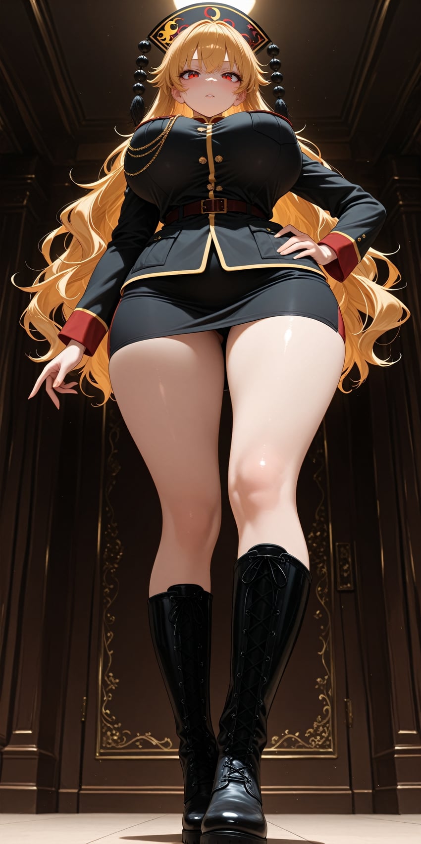 1girl, black_dress, black_footwear, black_headwear, black_skirt, black_sleeves, blonde_hair, blush