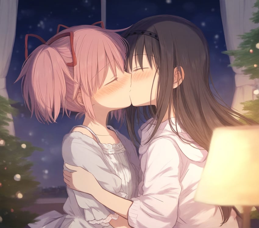 2girls, akemi_homura, black_hair, closed_eyes, hairband, kaname_madoka, kiss, kwg_(kwgsubmadohomu)