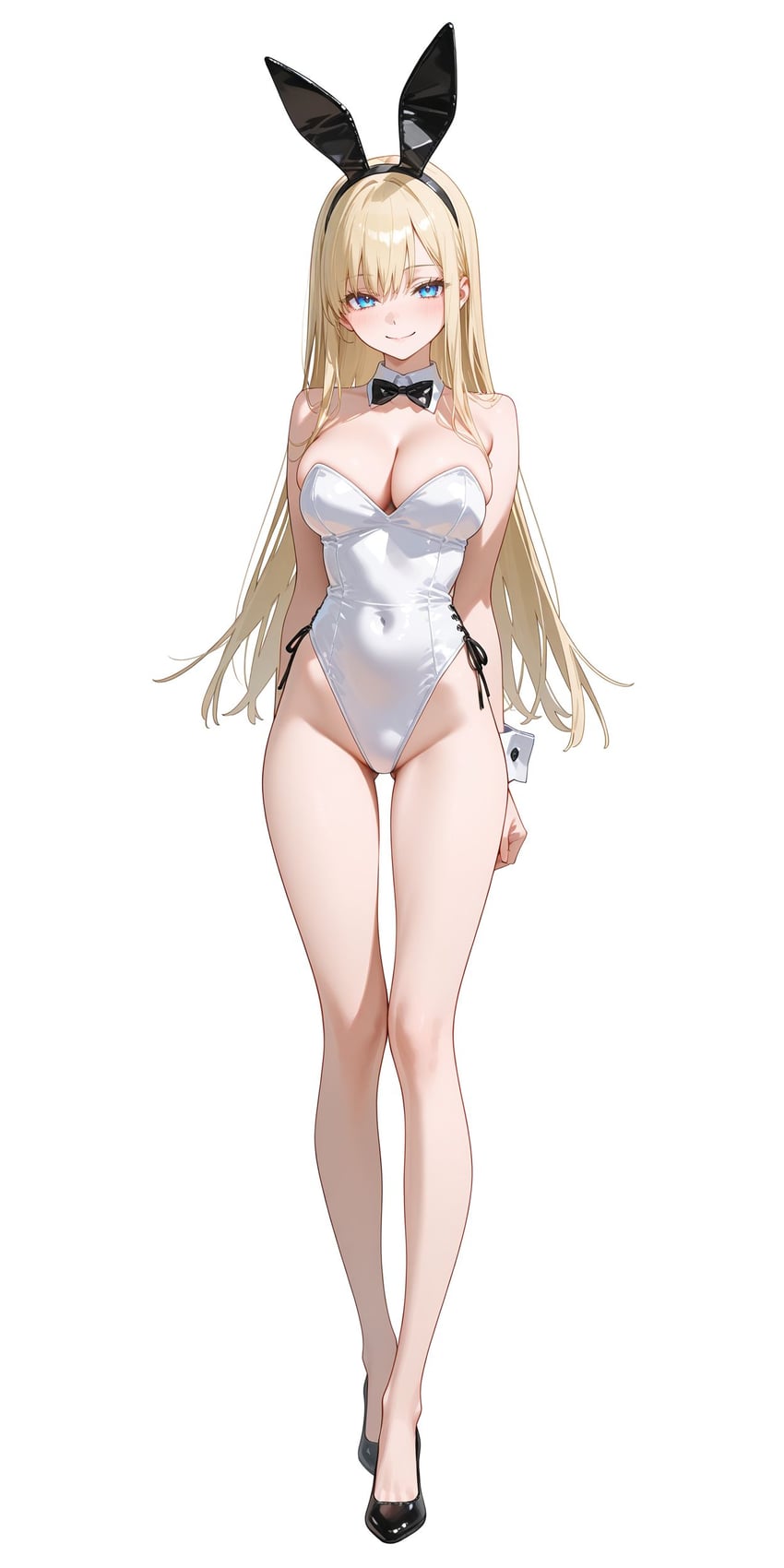 1girl, animal_ear_hairband, animal_ears, ass_visible_through_thighs, bare_shoulders, black_bow, black_bowtie, black_footwear, black_hairband, blonde_hair, blue_eyes, bow, bowtie, breasts, cleavage, closed_mouth, commentary, covered_navel, detached_collar, eyebrows_visible_through_hair, fake_animal_ears, full_body, groin, hair_behind_ear, hairband, highleg, highleg_leotard, highres, hyappompom, japanese_commentary, large_breasts, leotard, light_blush, long_hair, looking_at_viewer, model_request, no_socks, original, playboy_bunny, rabbit_ear_hairband, rabbit_ears, shoes, side-tie_leotard, simple_background, smile, solo, standing, strapless, strapless_leotard, thigh_gap, traditional_bowtie, white_background, white_leotard, wrist_cuffs