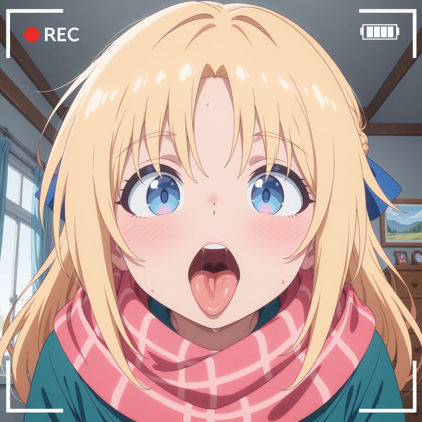 1girl, absurdres, battery_indicator, blonde_hair, blue_eyes, blue_ribbon, blush, curtains