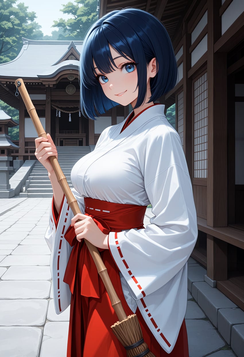 1girl, absurdres, architecture, bamboo_broom, blue_eyes, blue_hair, bob_cut, breasts