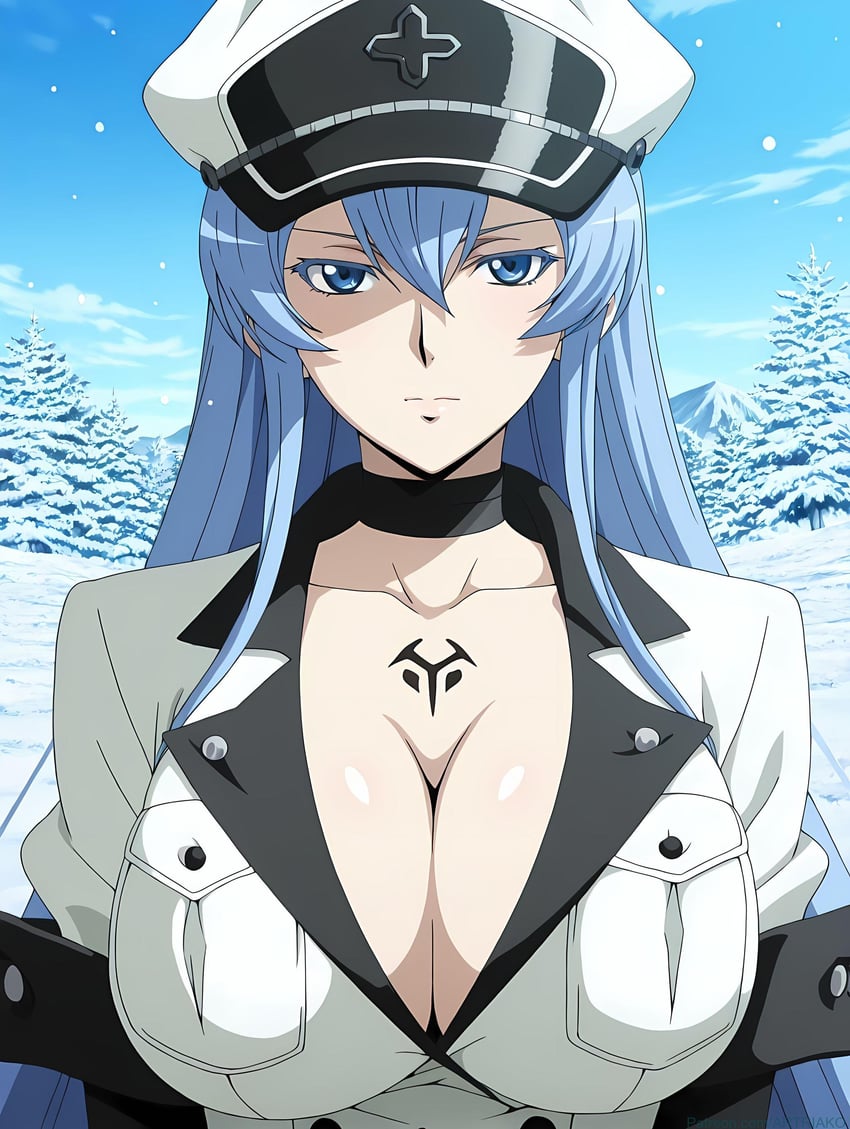 1girl, absurdres, akame_ga_kill!, bangs, black_choker, blue_eyes, blue_hair, breasts