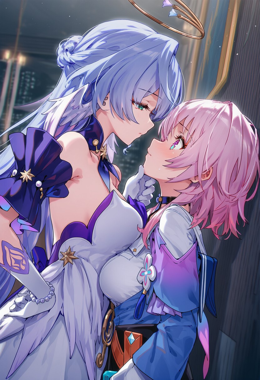2girls, bare_shoulders, blue_eyes, blue_hair, blush, breasts, choker, closed_mouth, detached_sleeves, dress, eye_contact, from_side, gloves, green_eyes, halo, hand_on_another's_chin, hand_on_own_hip, honkai:_star_rail, honkai_(series), indoors, large_breasts, long_hair, long_sleeves, looking_at_another, march_7th_(honkai:_star_rail), medium_breasts, medium_hair, model_request, multicolored_eyes, multiple_girls, pink_eyes, pink_hair, raaicave, robin_(honkai:_star_rail), shirt, white_dress, white_gloves, white_shirt, yuri