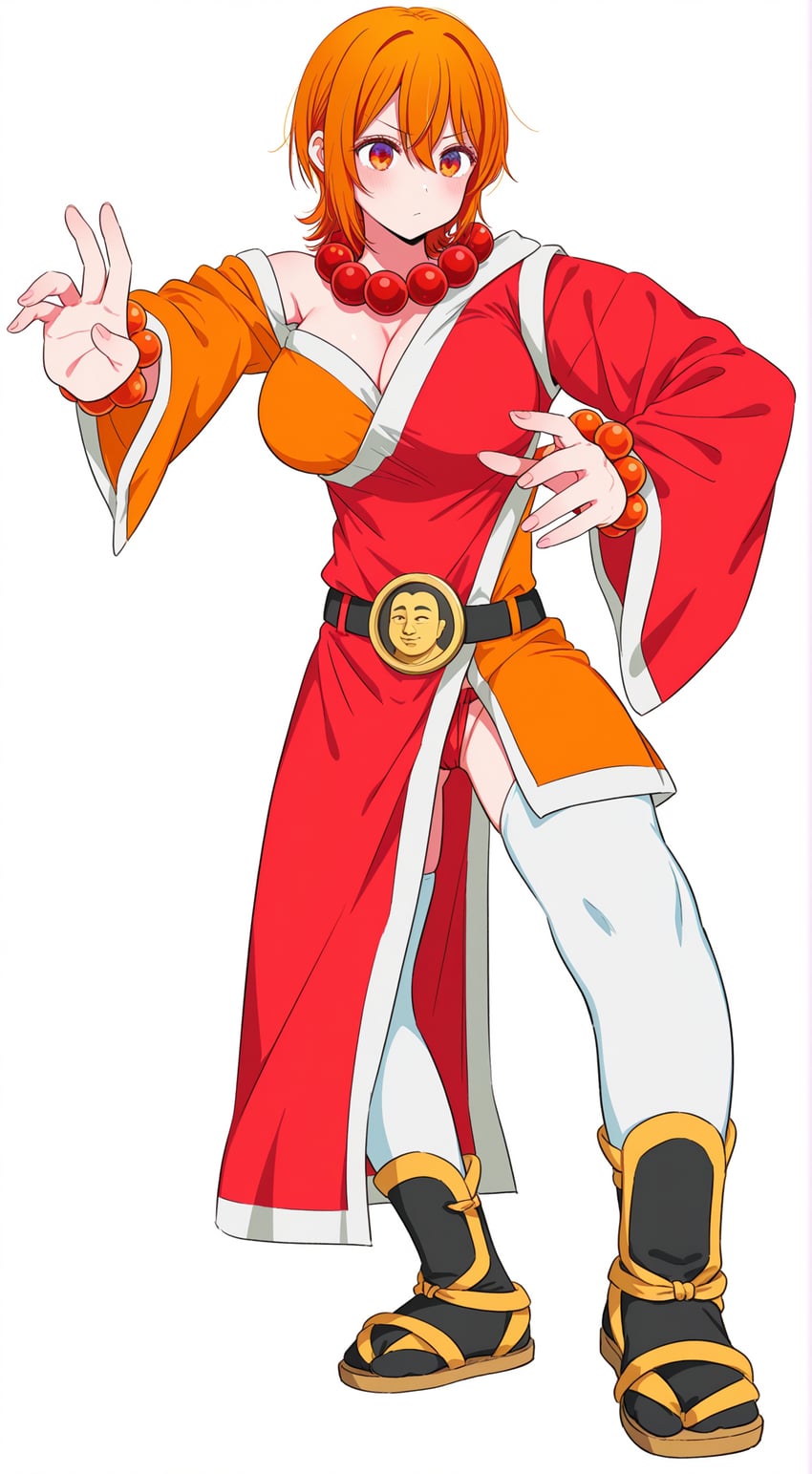 1girl, ai-assisted, beads, belt, breasts, buddhism, buddhist_nun, fighting_stance, fundoshi, highres, japamala, japanese_clothes, large_breasts, metadata_request, monk, monk_(ogiverse), orange_eyes, orange_hair, orange_robe, original, panties, prayer_beads, red_fundoshi, red_robe, robe, self-upload, shinogi, short_hair, standing, underwear, yokoyari_mengo_(style)