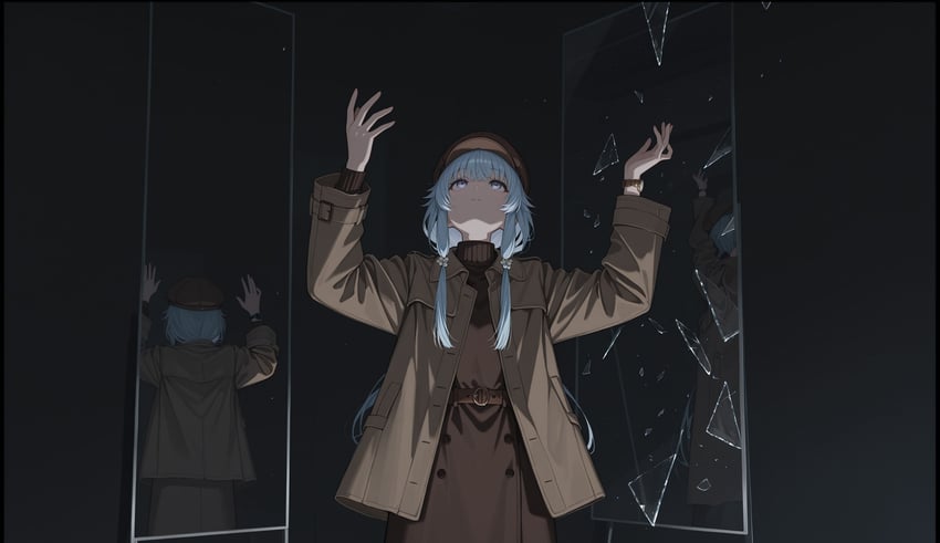 1girl, absurdres, arms_up, bangs, belt, beret, black_background, blue_eyes