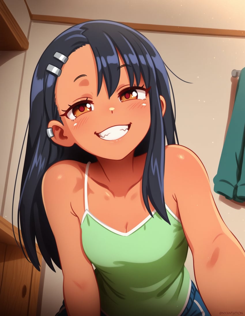 1girl, absurdres, artist_name, bare_shoulders, black_hair, collarbone, earclip, green_shirt