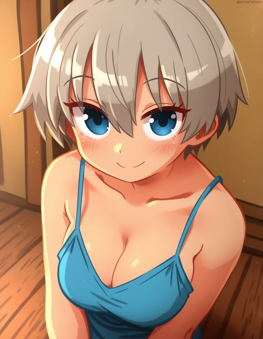 1girl, absurdres, artist_name, bare_shoulders, blue_eyes, breasts, cleavage, closed_mouth