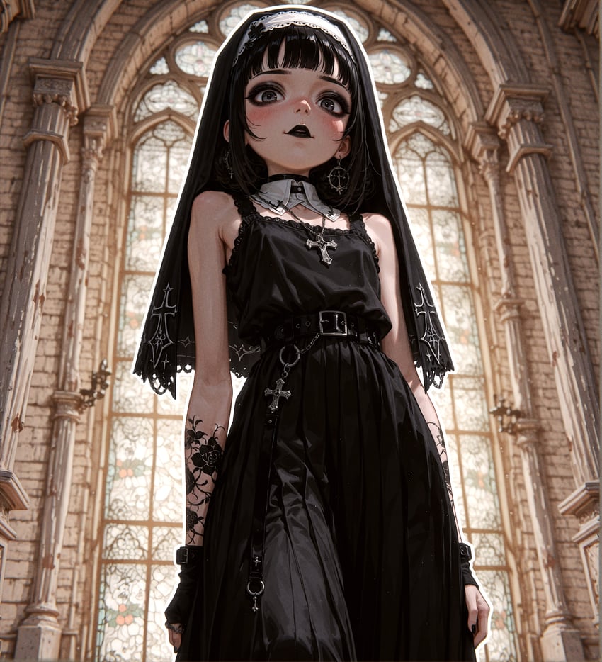 1girl, absurdres, alternative_img2img_model, antlers_anon, antlertest_d, arch, arm_tattoo, arms_at_sides, bangs, bare_shoulders, belt, belt_buckle, black_belt, black_dress, black_eyes, black_gloves, black_hair, black_lips, black_nails, blunt_bangs, blush, buckle, church, comfyui, cross, cross_earrings, cross_necklace, detached_collar, dress, earrings, eyeshadow, fingerless_gloves, fingernails, from_below, gloves, goth_fashion, habit, hand_tattoo, highres, indoors, inpainted, jewelry, latin_cross, long_dress, looking_at_viewer, looking_down, lora, makeup, nail_polish, necklace, non-web_source, nun, original, parted_lips, plant_milk, resized, self-upload, sleeveless, sleeveless_dress, solo, stained_glass, standing, tattoo, upscaled, veil, window