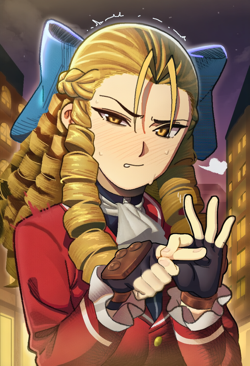 1girl, antenna_hair, ascot, black_gloves, blonde_hair, blue_bow, blush, bow