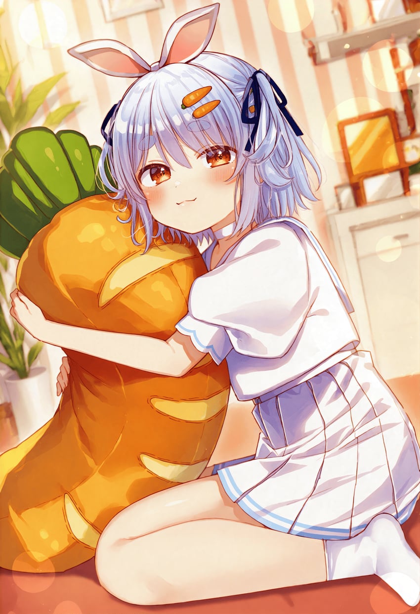 1girl, :3, absurdres, blue_hair, carrot, carrot_hair_ornament, character_request, check_character