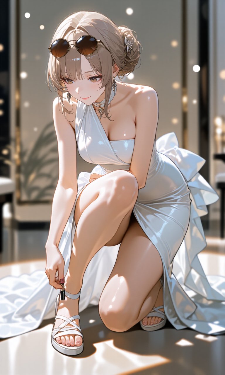 1girl, bad_hands, bare_arms, bare_shoulders, blurry, blurry_background, breasts, brown-framed_eyewear