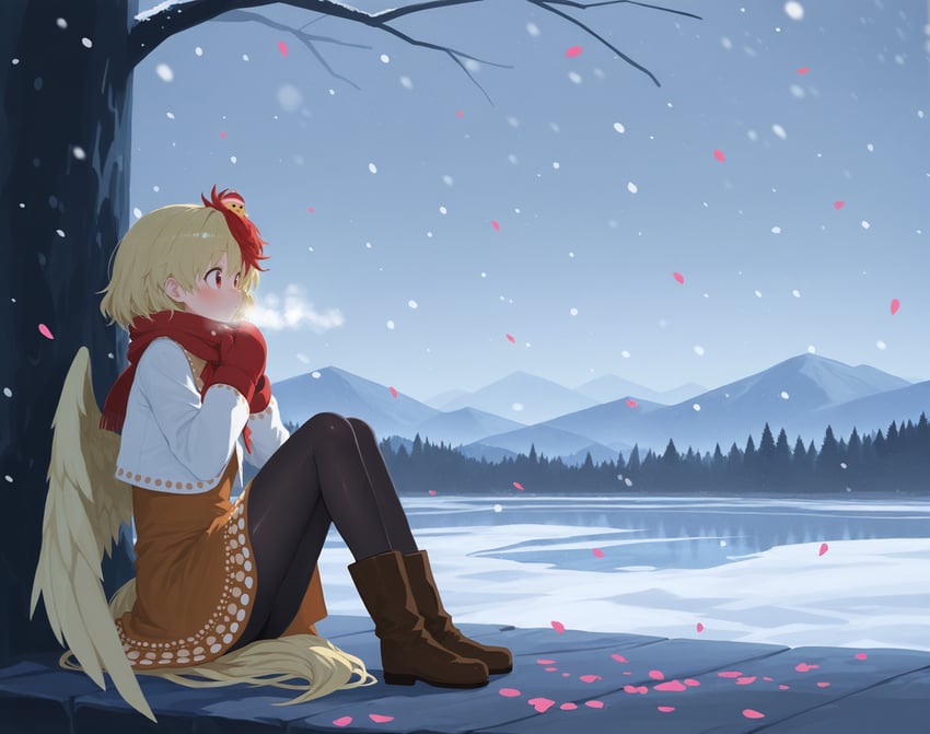 1girl, alternate_costume, animal_on_head, beanie, bird, bird_tail, black_pantyhose, blizzard