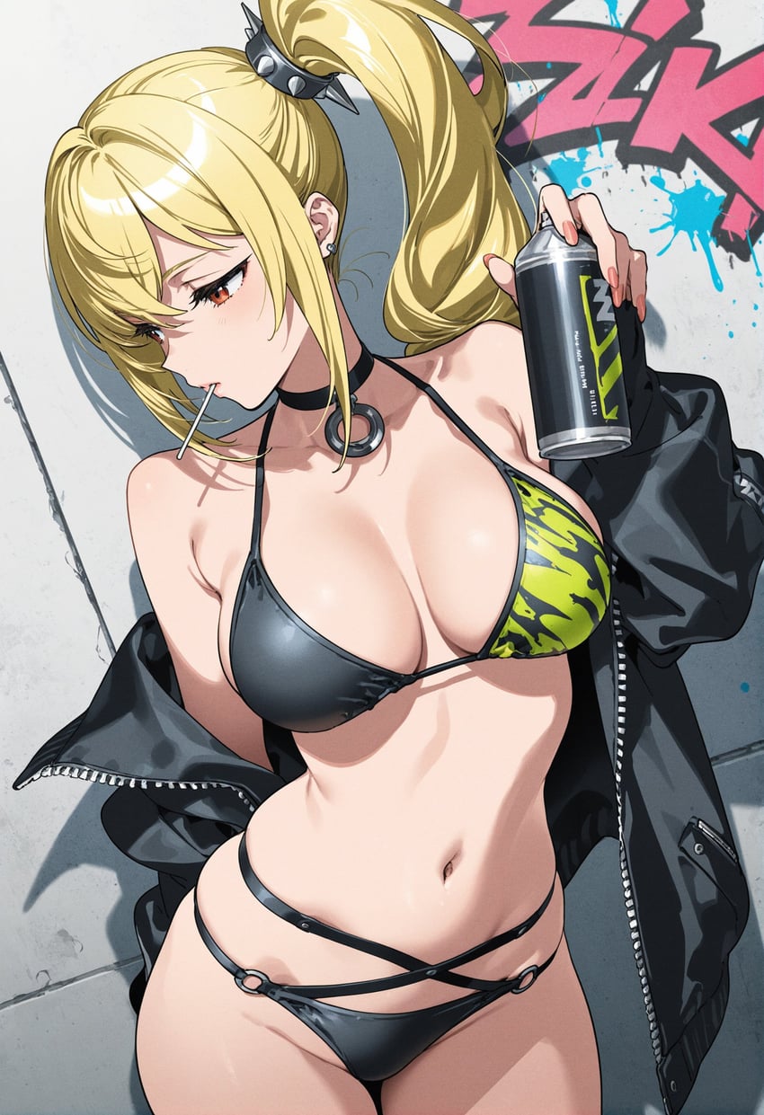 1girl, absurdres, against_wall, bare_shoulders, bikini, black_bikini, black_choker, black_jacket