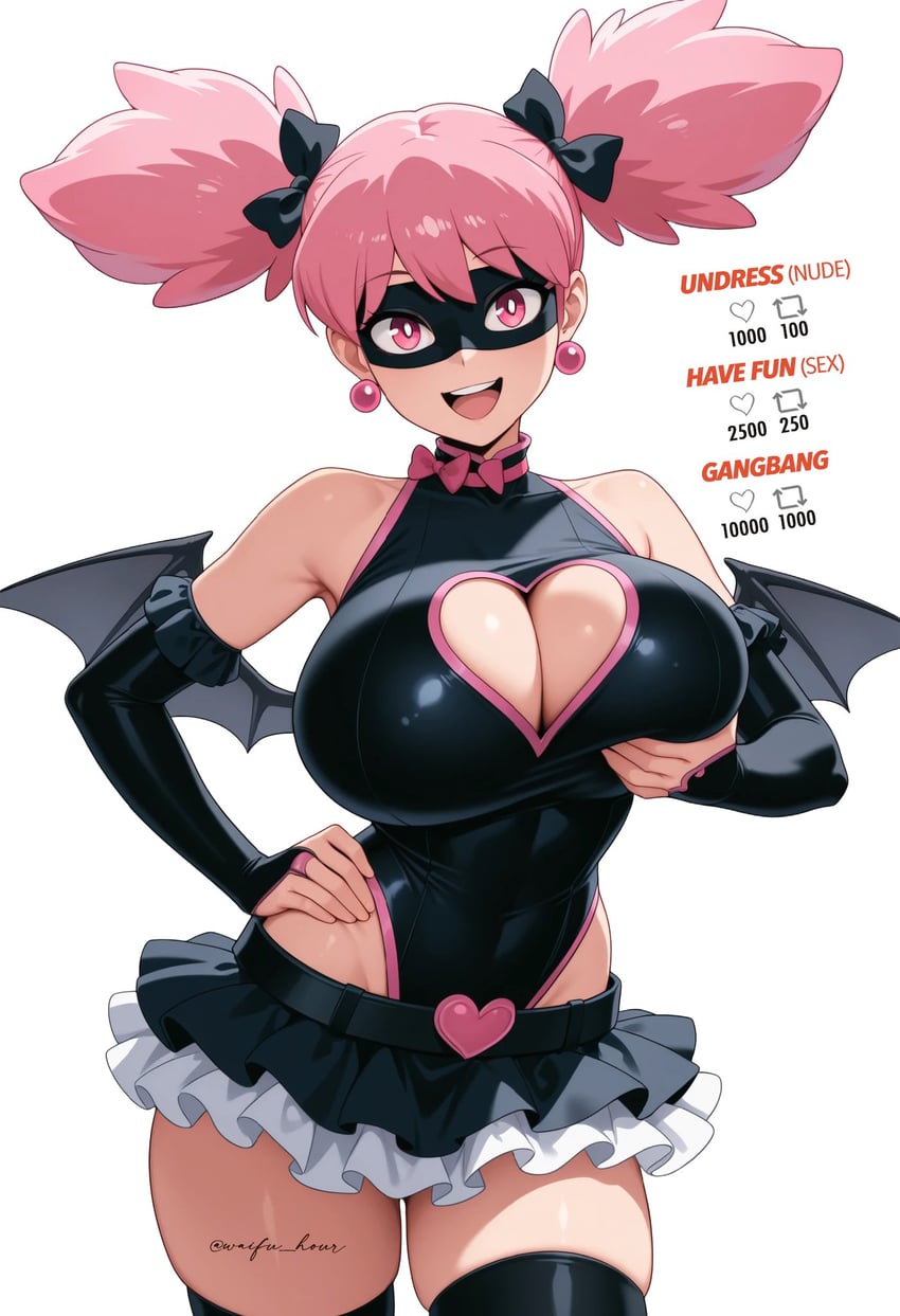 1girl, bare_arms, bare_hips, bare_legs, black_mask, black_thighhighs, clothing_cutout, detached_sleeves