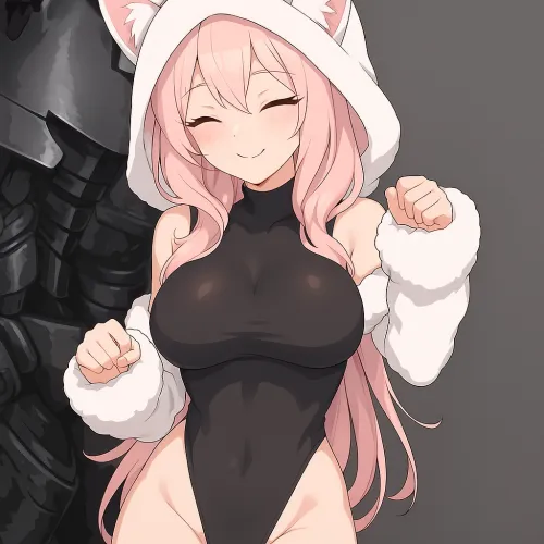 1girl, animal_costume, animal_ears, bangs, black_swimsuit, blush, breasts, character_request, closed_eyes, detached_sleeves, hair_between_eyes, hood, large_breasts, long_hair, lowres, metadata_request, model_request, original, purple_hair, smile, swimsuit, turtleneck, unabledamselfy9001, very_long_hair