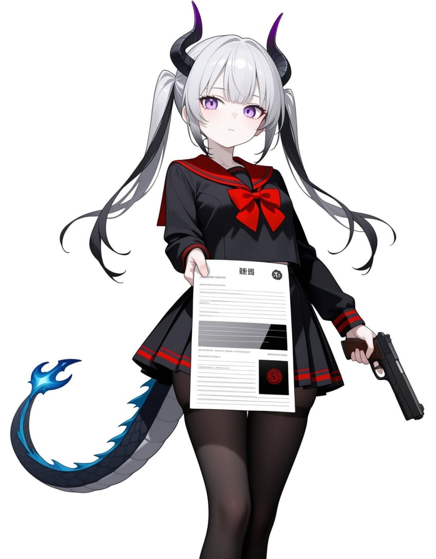 1girl, black_dress, black_horns, black_pantyhose, black_skirt, black_sleeves, black_streaks, blue_tail