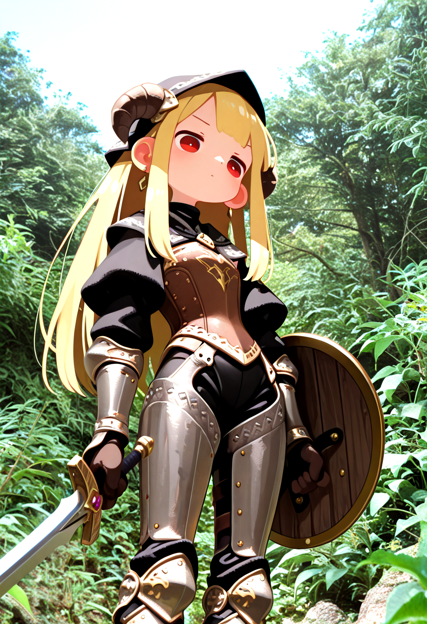 1girl, armor, armored_boots, arms_at_sides, bangs, black_pants, blonde_hair, blunt_bangs