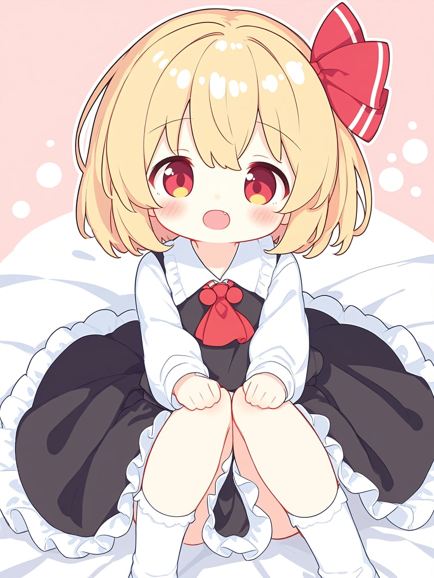 1girl, black_skirt, black_vest, blonde_hair, chinese_commentary, commentary, embodiment_of_scarlet_devil, hands_on_own_knees, highres, illustrious-xl, knees_up, looking_at_viewer, lora, moe_ming, on_bed, open_mouth, petticoat, red_ribbon, ribbon, rumia, simple_background, sitting, skirt, smile, socks, touhou, vest, white_socks