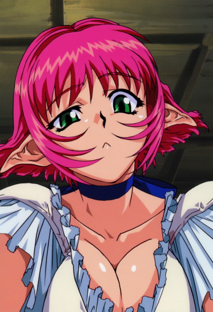 1girl, :<, breasts, cala, choker, cleavage, collarbone, fluffyhairenjoyer, green_eyes, large_breasts, looking_at_viewer, novelai, pink_hair, pointy_ears, self-upload, shirt, short_hair, short_sleeves, solo, vibe_transfer, viper_(series), viper_rsr, white_shirt