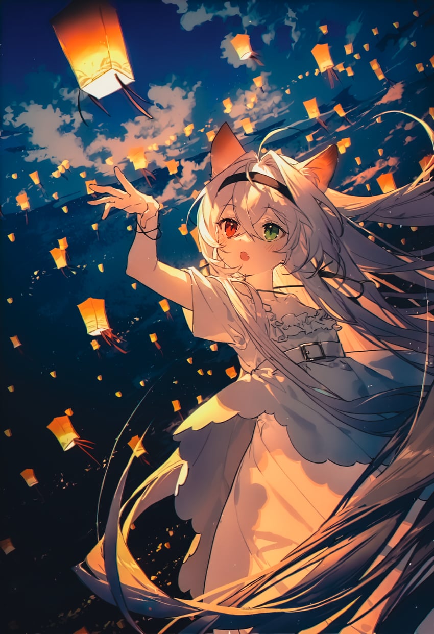 1girl, :o, absurdly_long_hair, animal_ears, black_headband, cloud, dress, floating_hair, fox_ears, green_eyes, hair_intakes, headband, highres, kuragari_tenra, lantern, long_hair, looking_up, night, non-web_source, noob11eps-eq, original, paper_lantern, red_eyes, self-upload, sky_lantern, solo, very_long_hair, white_dress, white_hair, y_x