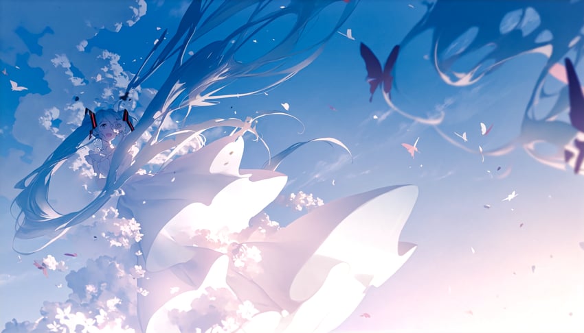 1girl, :d, absurdly_long_hair, aqua_eyes, aqua_hair, blue_sky, bug, butterfly, cloud, cloudy_sky, day, dress, floating, floating_hair, flower, hatsune_miku, highres, long_hair, midair, non-web_source, noob11eps-eq, one_eye_covered, open_mouth, self-upload, sky, smile, solo, very_long_hair, vocaloid, white_flower, y_x