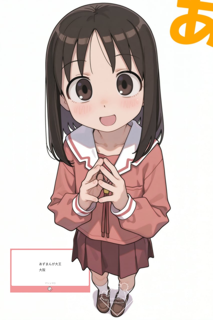 1girl, :d, a_(phrase), absurdres, azumanga_daioh, brown_eyes, brown_footwear, brown_hair