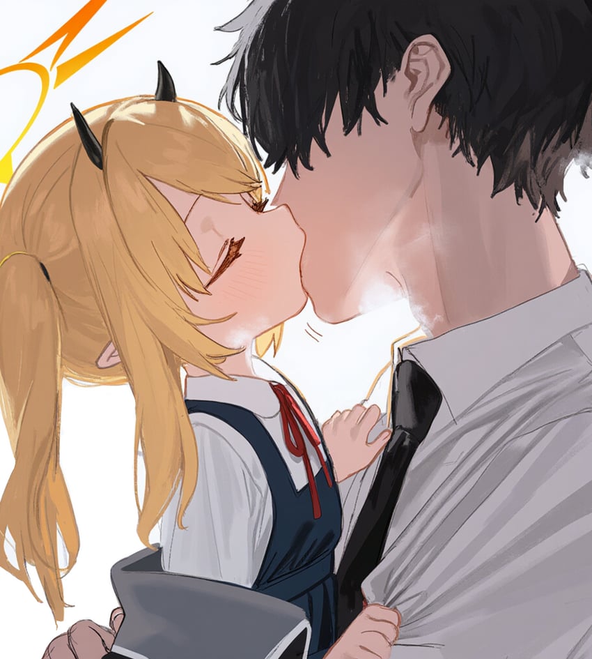 1boy, 1girl, age_difference, black_hair, black_necktie, blonde_hair, blue_archive, closed_eyes, english_commentary, french_kiss, hair_over_eyes, hetero, highres, horns, ibuki_(blue_archive), kiss, loli, necktie, niko13five, sensei_(blue_archive)