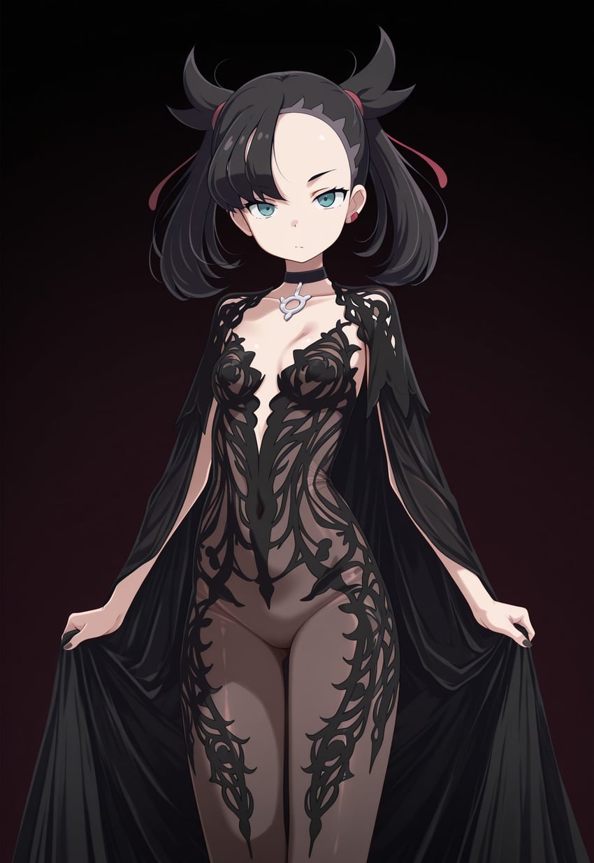 1girl, aqua_eyes, ass_visible_through_thighs, asymmetrical_bangs, asymmetrical_hair, bangs, black_background, black_cape