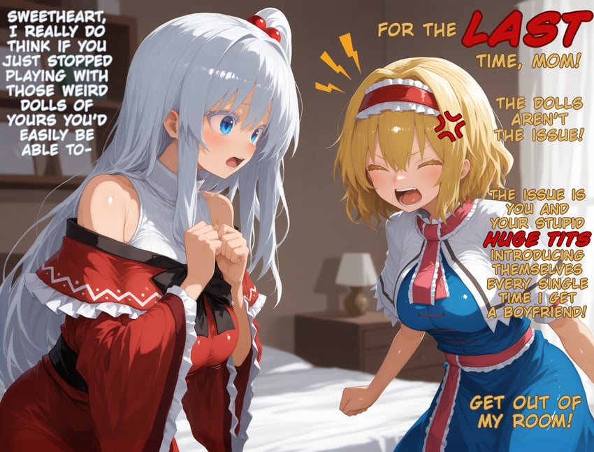 1girl, alice_margatroid, anger_vein, angry, arguing, arms_at_sides, bed, bedroom