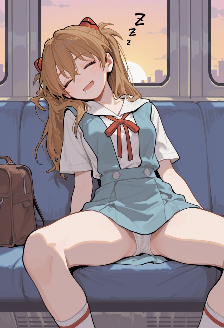 1girl, aqua_dress, breasts, dress, drooling, gb_5, headgear, highres, interface_headset, long_hair, medium_breasts, neon_genesis_evangelion, open_mouth, orange_hair, panties, pantyshot, saliva_drip, school_uniform, shirt, short_sleeves, sleeping, socks, solo, souryuu_asuka_langley, spread_legs, train_interior, underwear, uniform, white_panties, white_shirt, white_socks, window