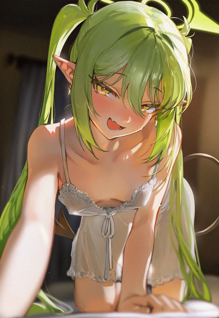 1girl, bent_over, blue_archive, blush, breasts, cass, chemise, collarbone