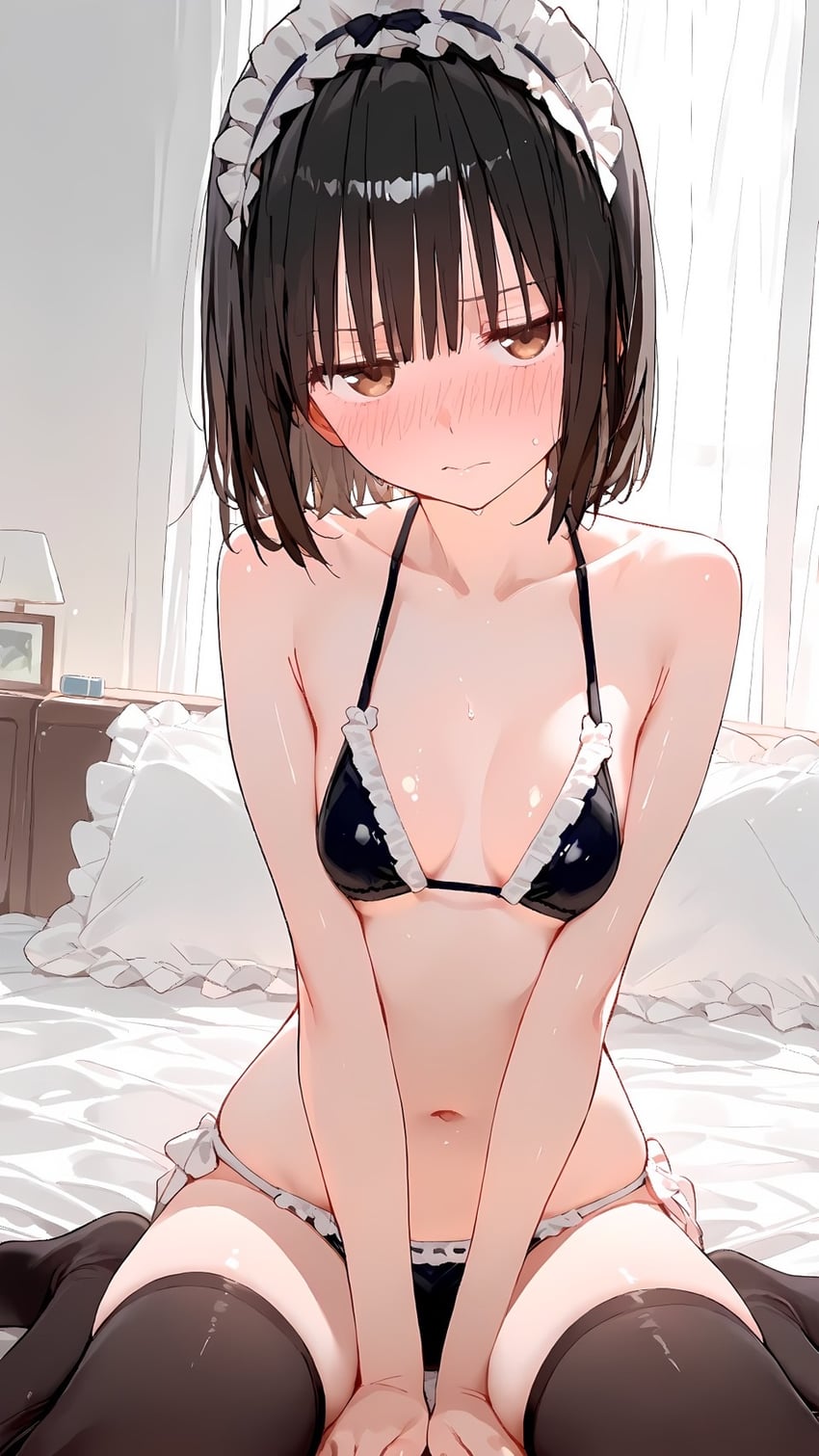 1girl, bed, between_legs, bikini, black_bikini, black_hair, black_thighhighs, blush, breasts, brown_eyes, closed_mouth, collarbone, commentary_request, day, embarrassed, frilled_bikini, frilled_pillow, frills, hand_between_legs, indoors, japanese_commentary, looking_at_viewer, maid, maid_headdress, model_request, navel, nose_blush, on_bed, original, pillow, short_hair, sitting, small_breasts, solo, sweat, swimsuit, thighhighs, v_arms, wariza, yua_palette