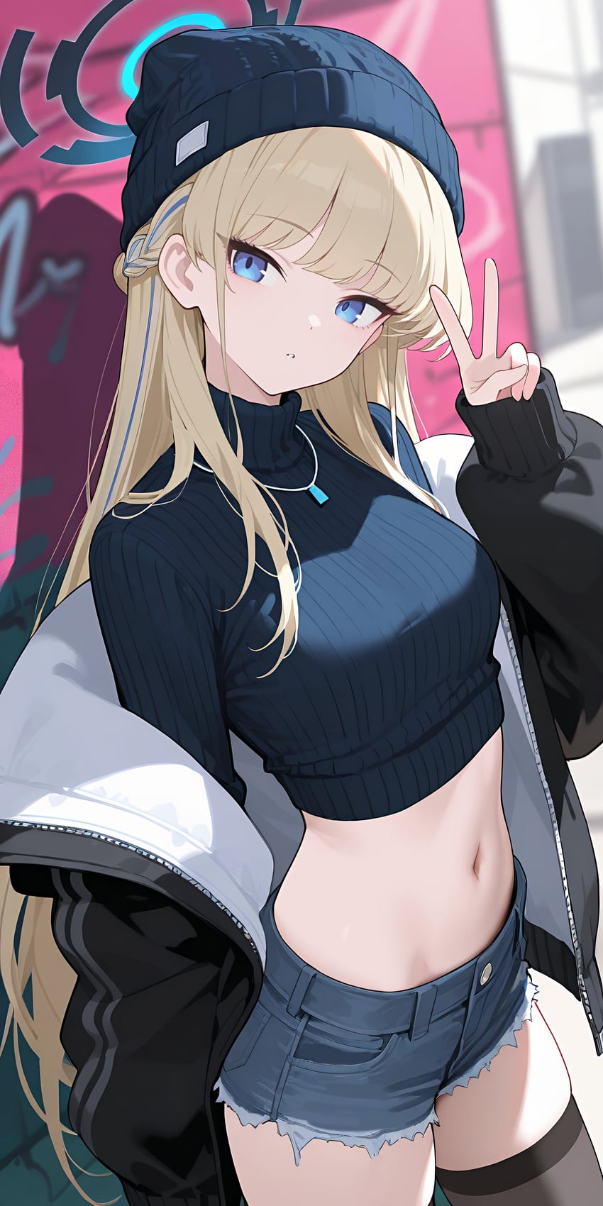 1girl, absurdres, alternate_costume, arm_up, black_headwear, black_jacket, black_sweater, black_thighhighs